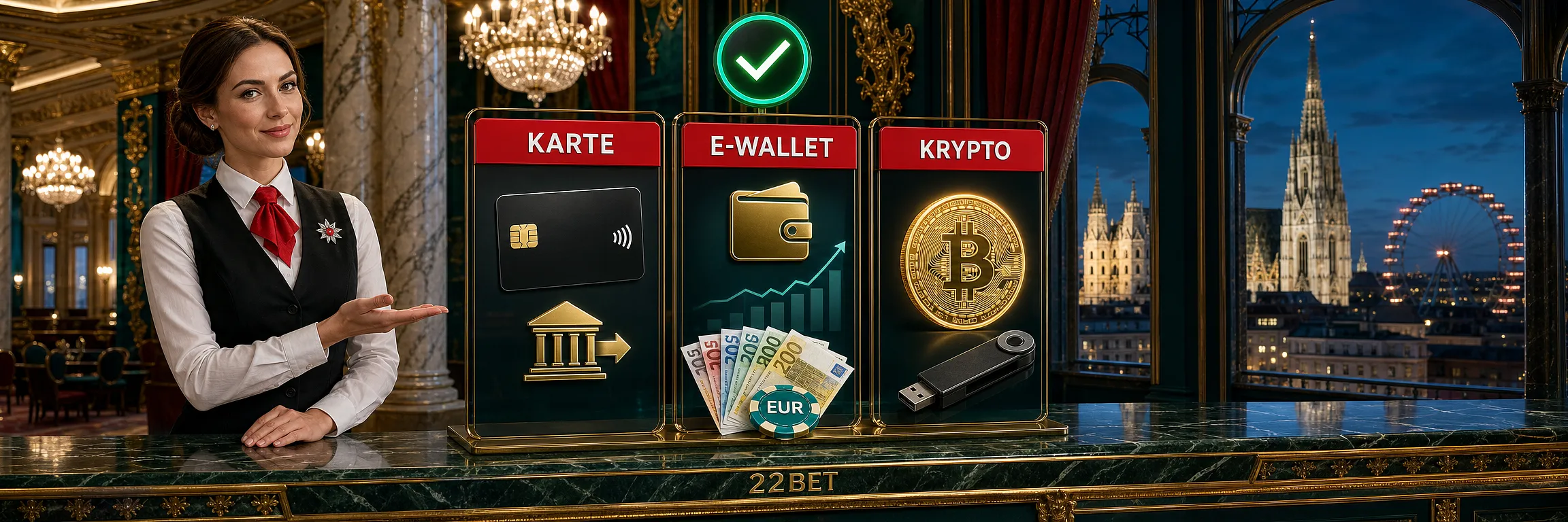 Kassa von 22Bet mit Karte, E-Wallet und Krypto in Euro