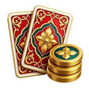 Zeichen für Baccarat mit zwei verdeckten Karten und Münzen