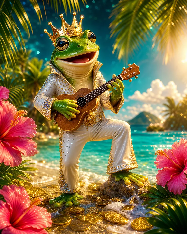 Titelbild des Slots Aloha King Elvis mit Strand und Ukulele