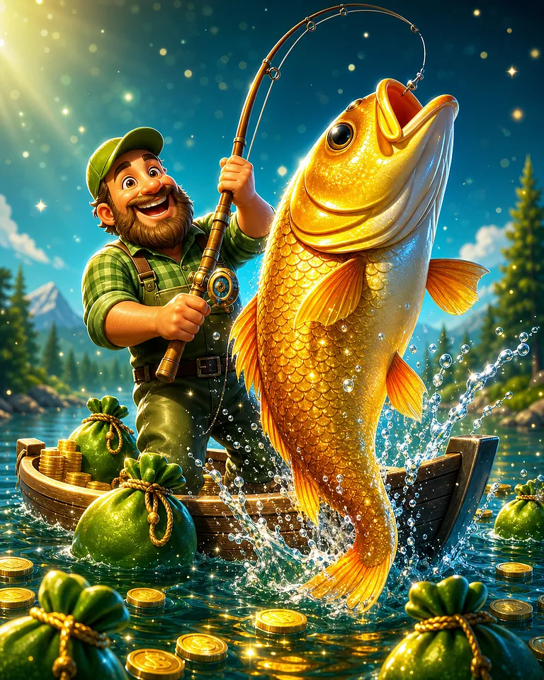 Titelbild des Slots Big Bass Bonanza mit Angler und goldenem Fisch
