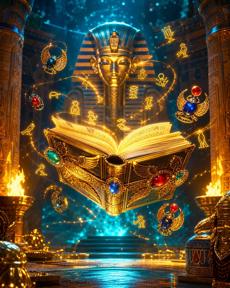 Titelbild des Slots Book of Dead mit goldenem Buch und Hieroglyphen