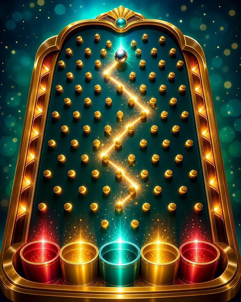 Titelbild des Spiels Plinko mit silberner Kugel zwischen Stiften