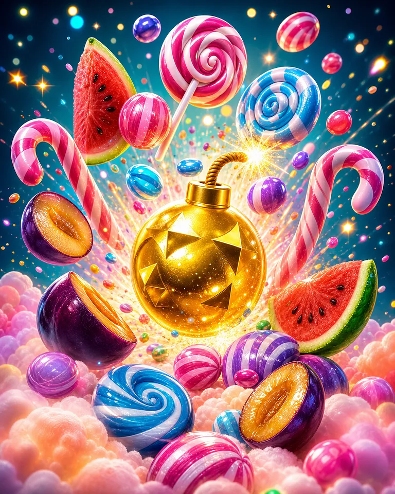 Titelbild des Slots Sweet Bonanza mit Süßigkeiten und Früchten